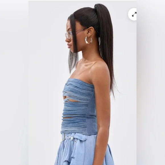 AKIRA Denim Blue Fringe Corset Top L - Picture 2 of 4